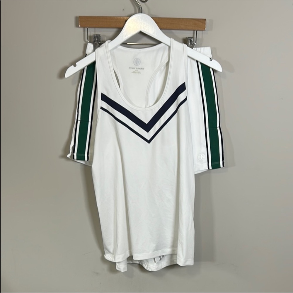 Tory Burch White Tank with Navy Chevron and Green-Striped Shorts